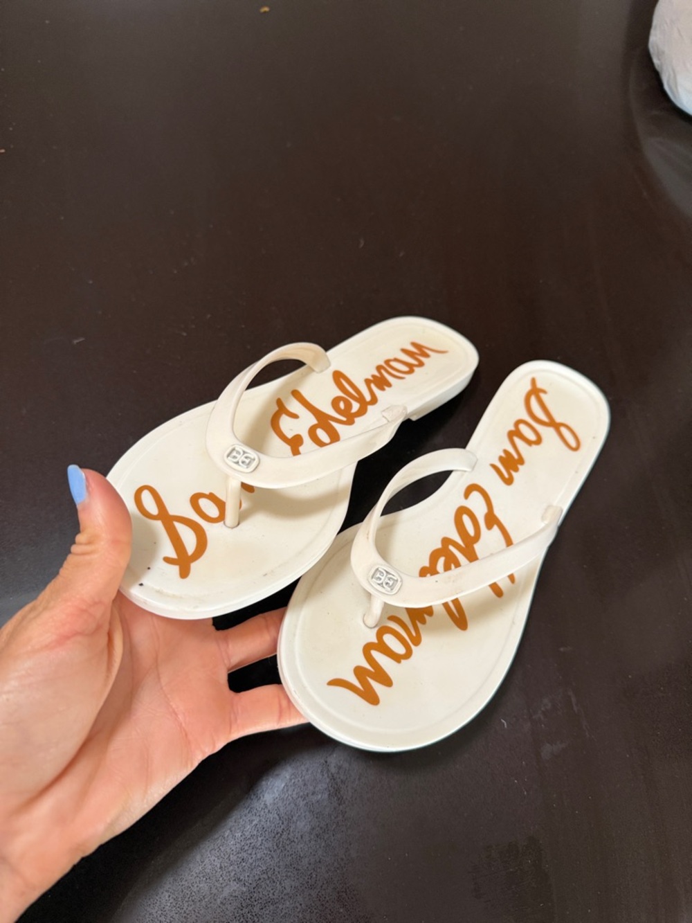 Sam Edelman White Flip Flop Sandals with Orange Logo